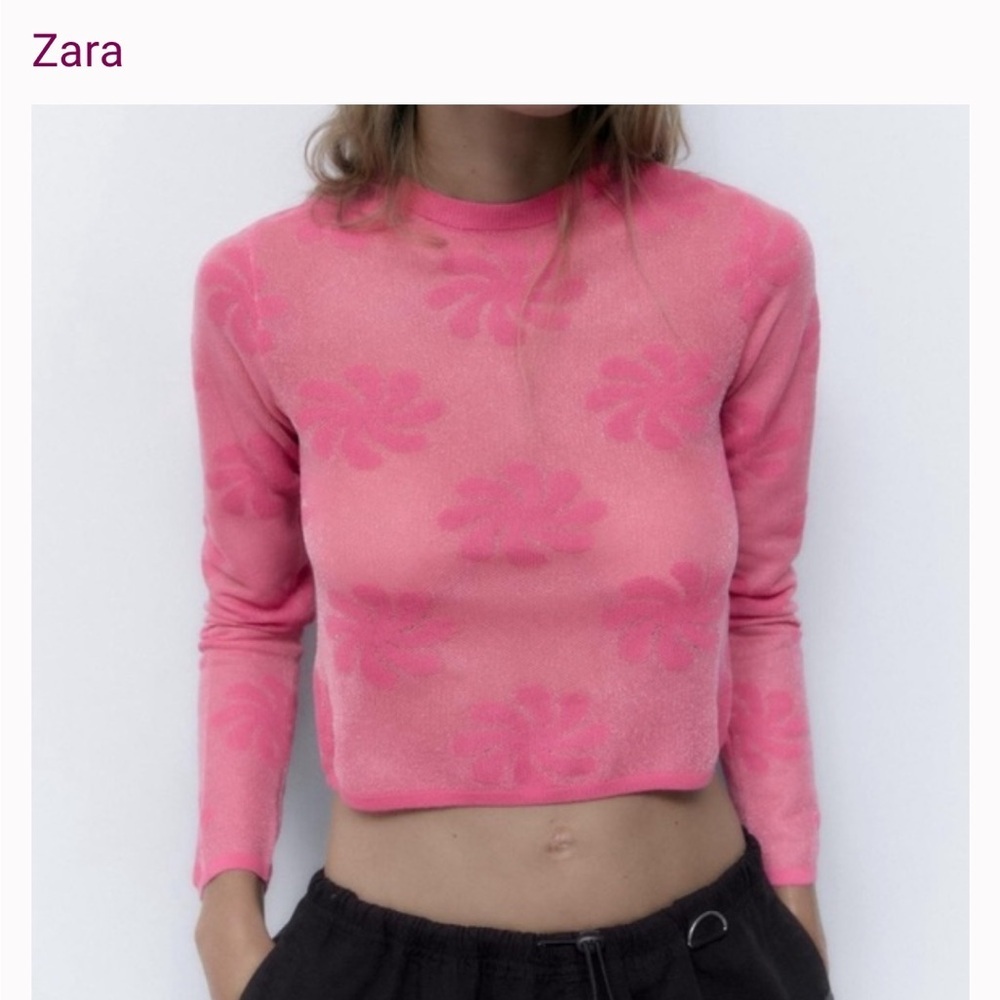 ZARA Floral Knit Crop Semi Sheer Longsleeves Women Color Pink Top Sweater sz S